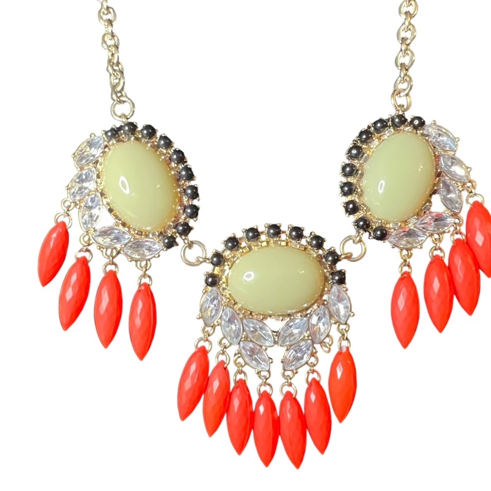 Elegant Gold and Orange Statement Necklace clear rhinestones